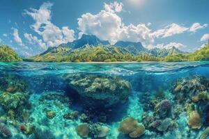 An underwater view of a tropical island and coral reefs photo