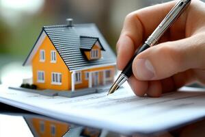 A person signing a contract with a house model photo