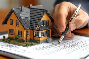 A man signing a contract with a house model photo