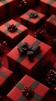 Many red presents with black bows and red bows photo
