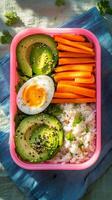A pink container filled with rice, carrots, and an egg photo