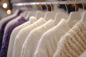 A row of sweaters hanging on a rack photo