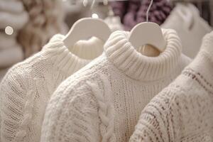 White sweaters hanging on a rack in a store photo