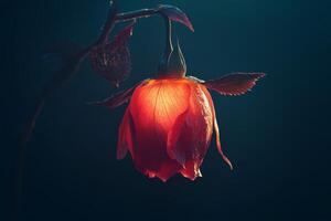 A red rose is lit up in the dark photo
