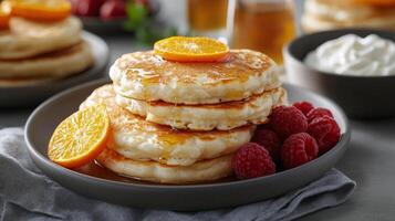 A stack of pancakes with raspberries and orange slices photo