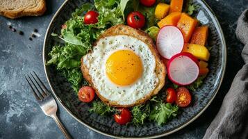Fried egg on a plate with vegetables and bread photo