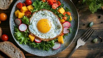 A plate with an egg on top of a salad photo