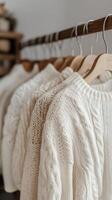 A rack of white sweaters hanging on a wooden hanger photo