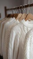 A rack of white sweaters on a hanger photo