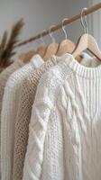 A row of white and cream sweaters on a hanger photo