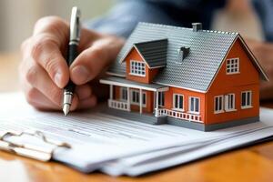 Man signing contract with house model photo