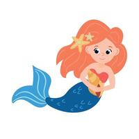 Cute Cartoon Mermaid with a seashell in her hands. White background, isolate vector