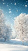 Winter landscape with snowflakes and trees photo
