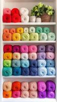 A shelf filled with yarns and a plant photo