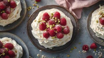 Raspberry pavlova with pistachio cream on a plate photo