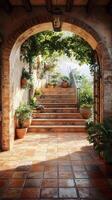 An archway leads to a courtyard with potted plants photo