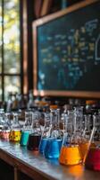 Science laboratory with colorful liquid and chalkboard photo