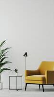 A yellow couch and a plant in front of a white wall photo