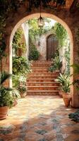 A courtyard with a stone archway and potted plants photo