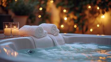 A jacuzzi with two towels and candles photo