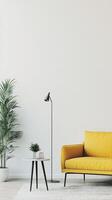 A yellow sofa and a lamp in front of a white wall photo