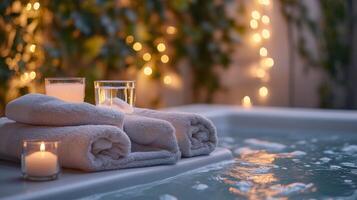 A jacuzzi with towels and candles photo
