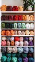 A shelf filled with yarns and plants photo
