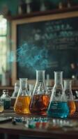 Science lab with flasks and chemicals photo