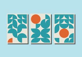 three colorful geometric patterns on white background, circle and half design, bauhaus poster design vector