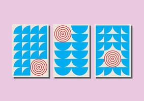 three colorful geometric patterns on white background, bauhaus poster design vector
