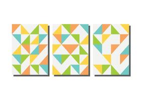three colorful geometric patterns on white background, triangle style design, bauhaus poster design vector