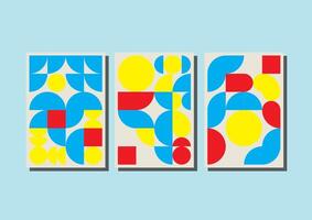 three colorful geometric patterns on white background, bauhaus design vector