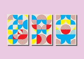 Three colorful geometric patterns on white background, circular design, bauhaus poster design vector