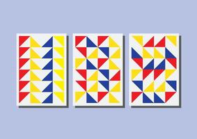Three colorful geometric patterns on white background, triangle style and bauhaus poster design vector