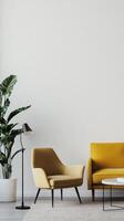 A modern living room with yellow furniture photo