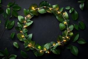 Green leaves and lights in a circle on a black background photo