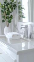 A white bathroom sink with a plant in the corner photo