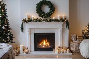 A fireplace with candles and christmas decorations in a room photo