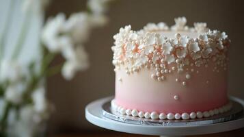 A pink and white cake with white flowers photo