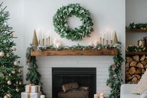 A christmas fireplace with candles and wreaths photo