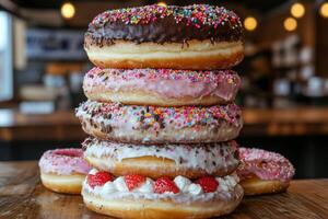 A stack of donuts with frosting and sprinkles photo