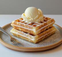 A waffle with ice cream on top of it photo
