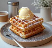 A plate with a waffle and ice cream on it photo