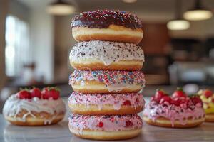 A stack of donuts with sprinkles and strawberries photo
