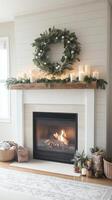 A fireplace with candles and wreaths on it photo