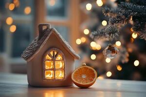 A small house with an orange slice on the table photo