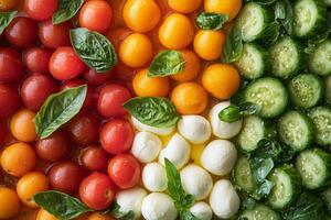 Tomatoes, cucumbers, and mozzarella cheese are arranged in a rainbow pattern photo