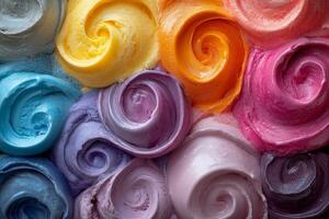 A close up of a variety of colored frosting photo