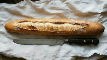 A knife and a baguette on a table photo
