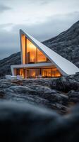 A house on the rocks with a triangular roof photo